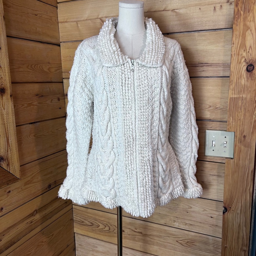 Vintage Wool Cable Knit Cardigan Womens Medium White Zip Up Buffalo Import & Tr.